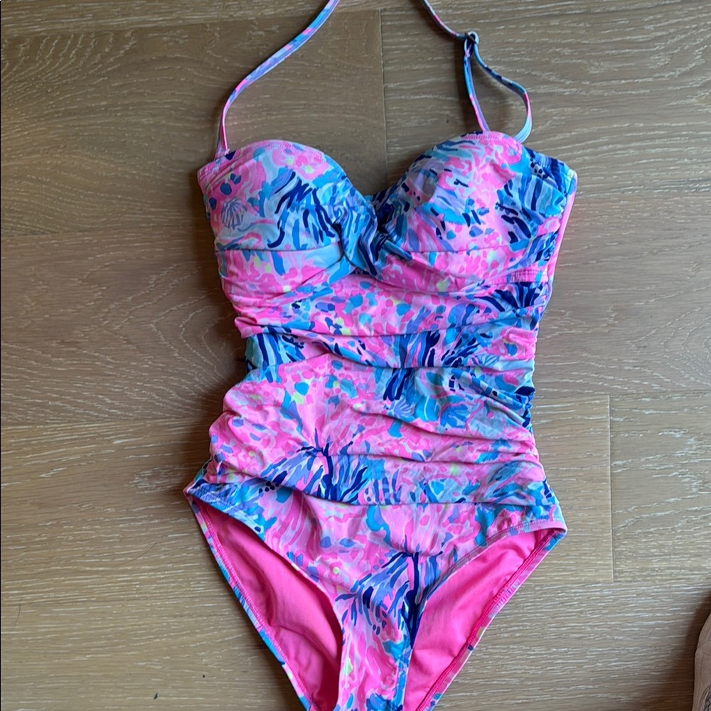 Lilly Pulitzer Flamenco Pink and Blue One Piece Swimsuit with Bustier Top